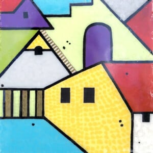 Huis en stad - acrylverf op een houten paneel met een epoxylaag
