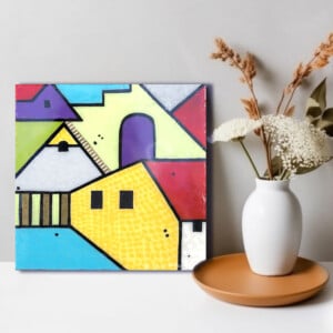 Huis en stad - acrylverf op een houten paneel met een epoxylaag