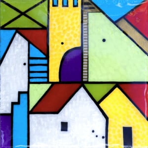 Huis en stad 2 - acrylverf op een houten paneel met een epoxylaag