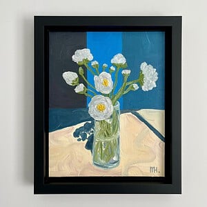 Schilderij "Flowers + blue" - origineel kunstwerk in olieverf