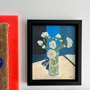 Schilderij "Flowers + blue" - origineel kunstwerk in olieverf