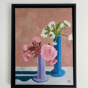 Schilderij "Random houseware + flowers" - origineel kunstwerk van olieverf