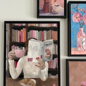 Schilderij "Reading at the bookstore" - origineel kunstwerk van olieverf