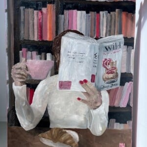 Schilderij "Reading at the bookstore" - origineel kunstwerk van olieverf