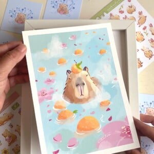 Capybara Art Print (A5) – Schattige, Eco-vriendelijke Illustratie op Henneppapier
