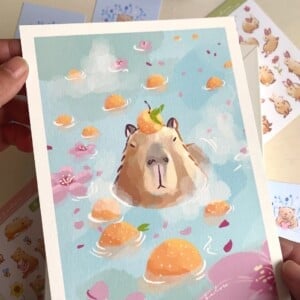 Capybara Art Print (A5) – Schattige, Eco-vriendelijke Illustratie op Henneppapier
