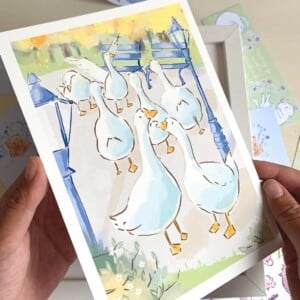 Ganzen Art Print (A5) – Schattige, Eco-vriendelijke Illustratie op Henneppapier
