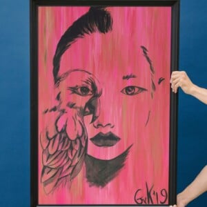 Kunst print, Eco materiaal, Handgemaakt, Uniek stuk! = Missy Bird (canvas, rood, 75x100)