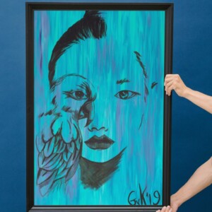 Kunst print, Eco materiaal, Handgemaakt, Uniek stuk! = Missy Bird (poster, blauw, verschillende maken)