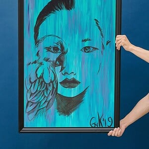 Kunst print, Eco materiaal, Handgemaakt, Uniek stuk! = Missy Bird (poster, blauw, verschillende maken)