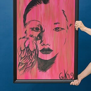 Kunst print, Eco materiaal, Handgemaakt, Uniek stuk! = Missy Bird (poster, rood, verschillende maken)
