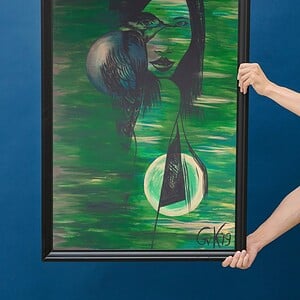 Kunst print, Eco materiaal, Handgemaakt, Uniek stuk! = Missy Bird (poster, groen, verschillende maken)