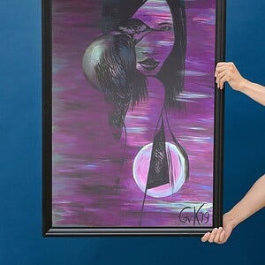 Kunst print, Eco materiaal, Handgemaakt, Uniek stuk! = Missy Bird (poster, paars-roze, verschillende maken)