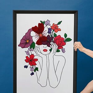 Kunst print, Eco materiaal, Handgemaakt, Uniek stuk! = Missy Bloom (poster, roze-fuchsia-paars, verschillende maten)