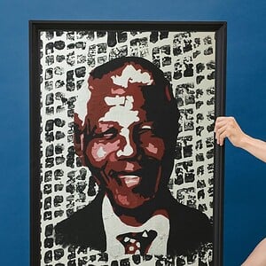 Kunst print, Eco materiaal, Handgemaakt, Uniek stuk! = Nelson Mandela (poster, Rood, verschillende maten)