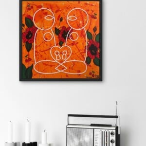 Kunst print, Eco materiaal, Handgemaakt, Uniek stuk! = True Love (canvas, oranje, 90x90)