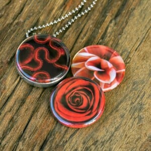 Roestvrij stalen fotomedaillon ketting met drie verschillende verwisselbare voorkanten met close up foto`s in Diep donker rood,zalm en warm rood. Rvs/roesvrij stalen fotomedaillon. Voor het dicht bij je dragen van je favoriete foto.