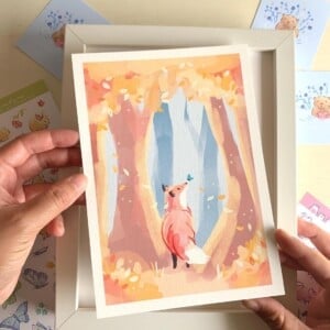 Vos in de Herfst Art Print (A5) – Schattige, Eco-vriendelijke Illustratie op Henneppapier