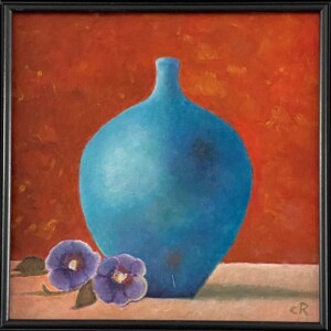 olieverf stilleven blauwe vaas