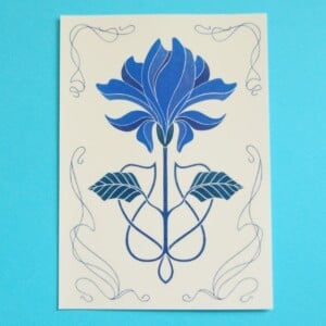 Art Nouveau Flower A6 Kaart, Blauwe Bloem Tekening