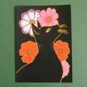 Floral Black Cat A6 Kaart, Bloemen Zwarte Kat Illustratie