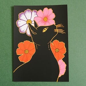Floral Black Cat A6 Kaart, Bloemen Zwarte Kat Illustratie