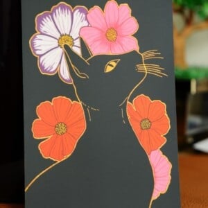 Floral Black Cat A6 Kaart, Bloemen Zwarte Kat Illustratie