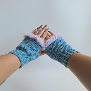 Gehaakte handschoenen - gehaakte vingerloze handschoenen | Denimblauw en lila
