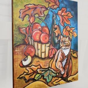 Herst stilleven met kat schilderij on canvas doek, acrylverf