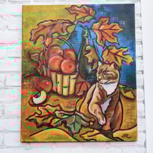 Herst stilleven met kat schilderij on canvas doek, acrylverf