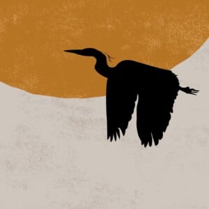 Horizontale Japandi Lente Poster met Reigers, Bloesem en Zon