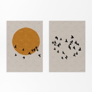 Japandi Set van 2 Posters - Vogels en Zon / Maan Silhouet - XXL optie beschikbaar