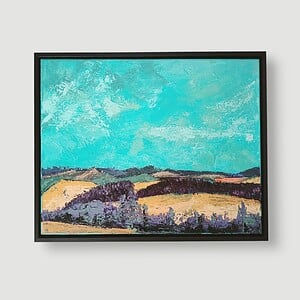 Landschap schilderij - mixed media - geel blauw