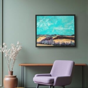 Landschap schilderij - mixed media - geel blauw