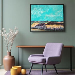 Landschap schilderij - mixed media - geel blauw