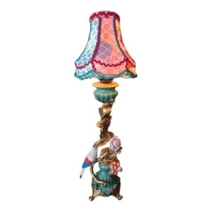 Uniek handgemaakt kleurrijk – kitsch tafellamp vogel roze/blauw