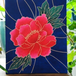 Acryl Schilderij, Chinese Bloem, Bladeren en Lijnen