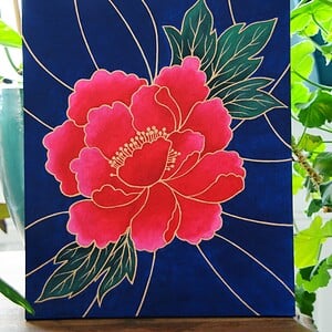 Acryl Schilderij, Chinese Bloem, Bladeren en Lijnen
