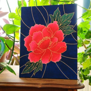 Acryl Schilderij, Chinese Bloem, Bladeren en Lijnen