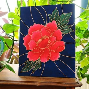 Acryl Schilderij, Chinese Bloem, Bladeren en Lijnen