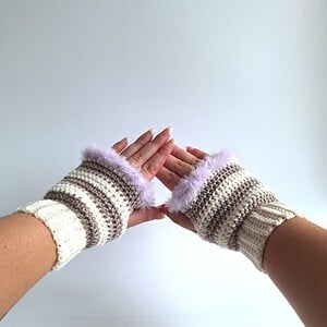 Gehaakte handschoenen - gehaakte vingerloze handschoenen | Crème, beige en lila