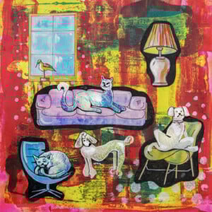 Huisdierenleven, collage, papier, rood