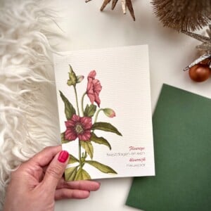 Unieke handgeschildere botanische kerstkaart met rode kerstroos - Helleborus I
