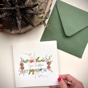 Unieke handgeschilderde botanische kerstkaart met envelop - Kerstkrans I