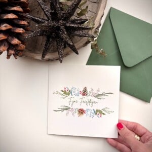 Unieke handgeschilderde botanische kerstkaart met envelop - Kerstkrans II