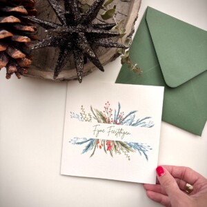 Unieke handgeschilderde botanische kerstkaart met envelop - Kerstkrans III