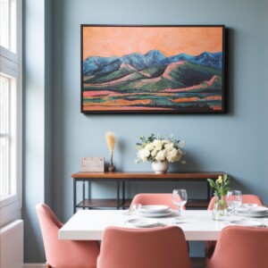 Landschap schilderij - mixed media - oranje blauw
