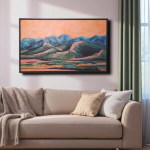 Landschap schilderij - mixed media - oranje blauw