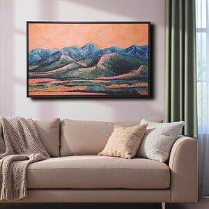 Landschap schilderij - mixed media - oranje blauw