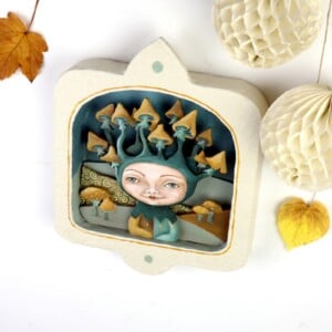 Muur Diorama met Fantasie Figuur Paddenstoelen in Warme Aardtinten 3D effect